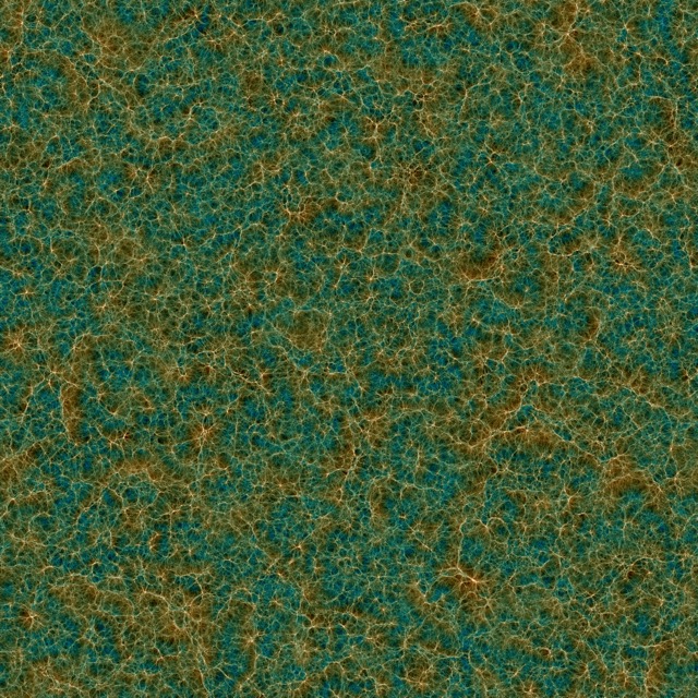 Dark matter distribution in Uchuu at z=0. The image shows a 2000 Mpc/h × 2000 Mpc/h  projected volume with a thickness of 25 Mpc/h.