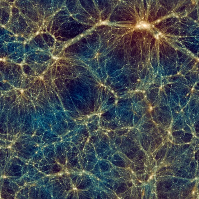 Dark matter distribution in Shin-Uchuu at z=0.  The image shows a 140 Mpc/h × 140 Mpc/h projected volume with a thickness of 17.5 Mpc/h. A void region and a Milky-Way size halo are clearly visible.